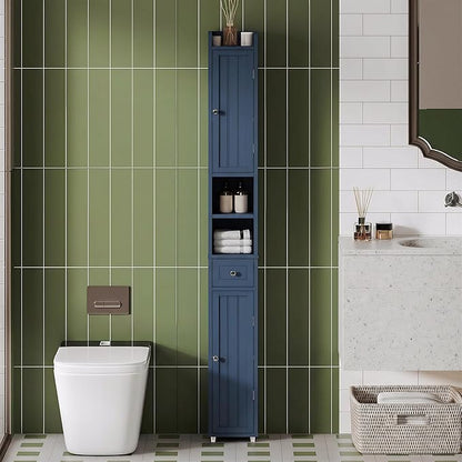 ChooChoo Narrow Bathroom Storage Cabinet with Adjustable Shelves, Tall Storage Cabinet with 2 Doors and 1 Drawer, Freestanding Cupboard for Small Spaces, Blue