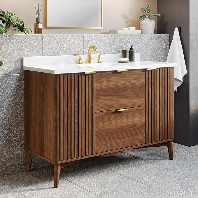 OVE Decors Indy 48 in. Undermount Single Sink Bathroom Vanity with White Engineered Marble Top, Warm Walnut