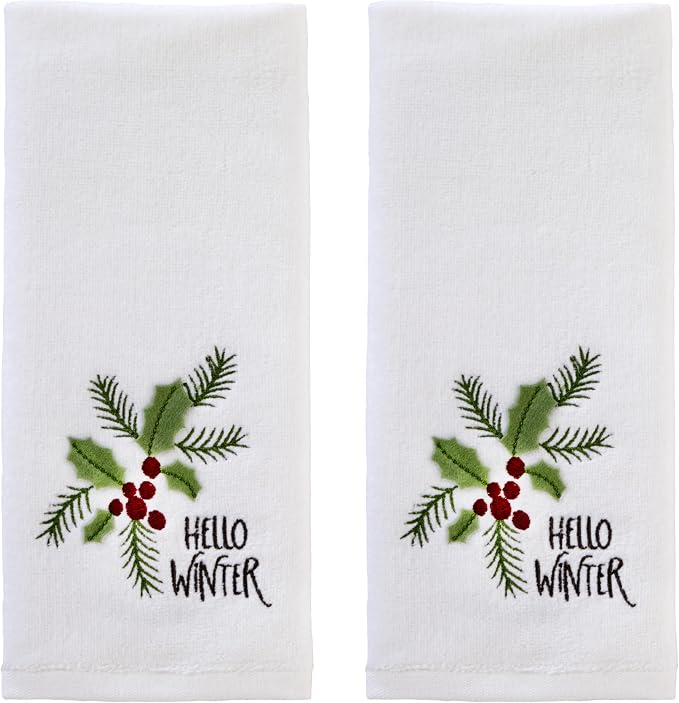 SKL Home Hello Winter Holly Hand Towel Set-2pc, 100% Cotton, White | Soft, embroidered velour with 3D applique. Great for the bathroom, kitchen or bar & holiday gifting.