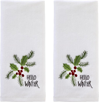 SKL Home Hello Winter Holly Hand Towel Set-2pc, 100% Cotton, White | Soft, embroidered velour with 3D applique. Great for the bathroom, kitchen or bar & holiday gifting.