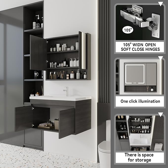 32'' Bathroom Vanity with Ceramic Sink Combo and Medicine Cabinet Mirror with Led Light/Defog, Wall Mounted Small Bathroom Vanity with Soft-Close Door Modern Floating Cabinet, GreyWalnut(No Faucet)