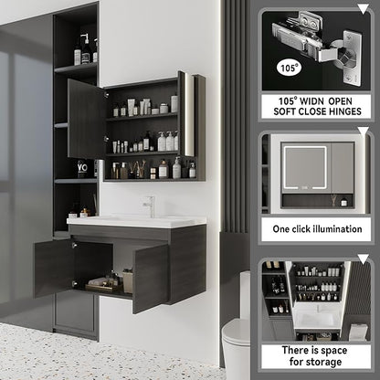 32'' Bathroom Vanity with Ceramic Sink Combo and Medicine Cabinet Mirror with Led Light/Defog, Wall Mounted Small Bathroom Vanity with Soft-Close Door Modern Floating Cabinet, GreyWalnut(No Faucet)