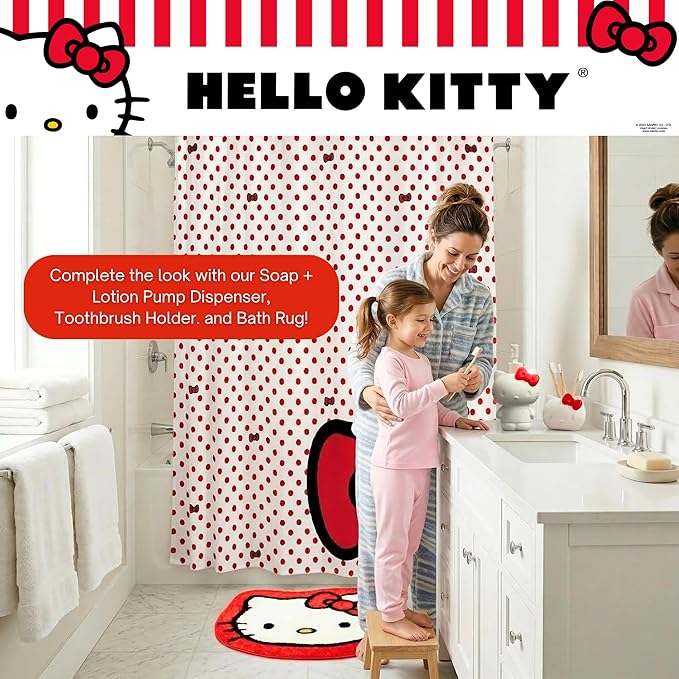 Sanrio Hello Kitty 13-Piece Shower Curtain Set, 72" x 70" Fabric Curtain with Hooks, Polka Dot Kawaii Bathroom Decor, Machine Washable, (100% Officially Licensed Product) by Franco Collectibles