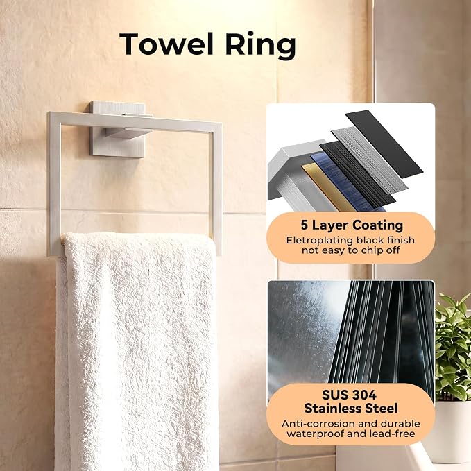 5-Piece Bathroom Hardware Set, 23.6 Inch Towel Bar Set SUS304 Stainless Steel Towel Racks for Bathroom Round Towel Bar, Towel Ring, Toilet Paper Holder, 2 Robe Hooks, Wall Mounted (Brushed Nickel)