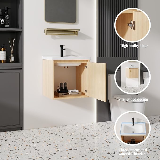 20'' Bathroom Vanity with Ceramic Sink Combo, Wall Mounted Small Bathroom Vanity with Soft-Close Door Modern Floating Cabinet, Pop-up Drain, P-Trap Included, Walnut(No Faucet)