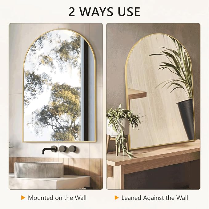 Arched Bathroom Mirror for Wall, 30" x 20" Metal Frame Vanity Mirror, Gold | Aluminium Alloy Frame, HD Shatterproof Glass, for Bathroom Over Sink , Entryway, Bedroom, Living Room