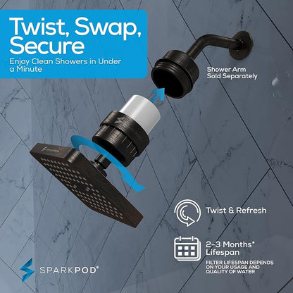 SparkPod Filtered Shower Head, 23-Stage, 6" Square, Oil-Rubbed Bronze | Showerhead for Hard Water, High Pressure, Reduces Chlorine, Heavy Metals, For Dry Skin & Hair, Removable Capsule Filter