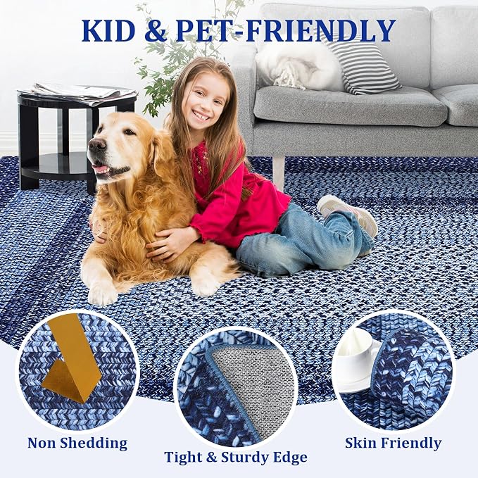 Printed Washable Rugs 10x13 Area Rug for Living Room Modern Bedroom Rug Blue Braided Soft Large Area Rug Non Slip Throw Rugs Stain Resistant Carpet for Nursery Dining Room 10'x13' Navy Blue