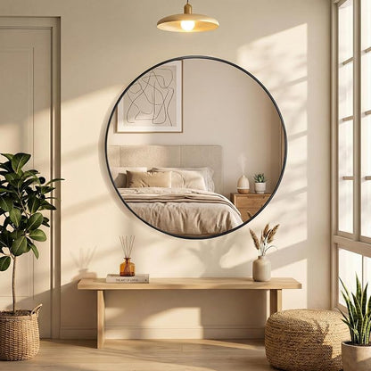 24 Inch Black Round Bathroom Wall Mirror, Round Mirrors for Wall Decor, Circle Mirror for with HD Shatter-Proof Glass for Entryway, Living Room, Bedroom, Dressing Room, Home Decor