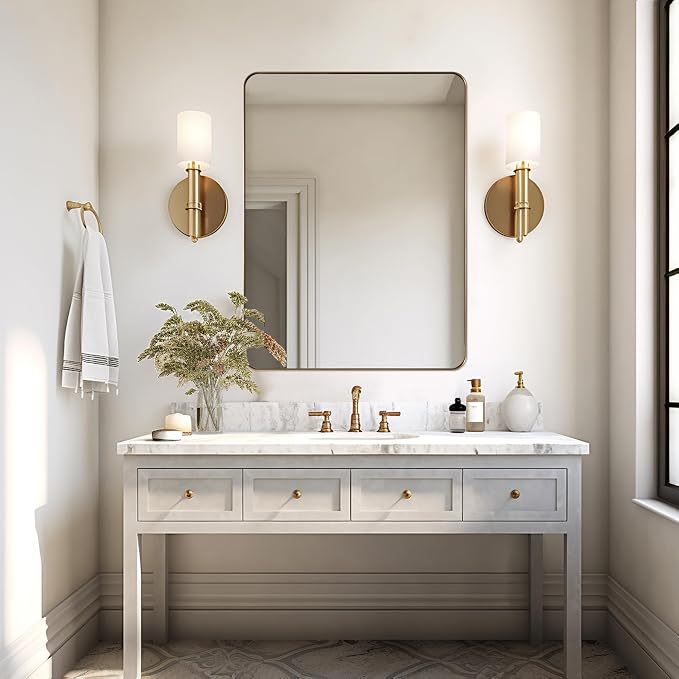 Wall Mirror for Bathroom with Stainless Steel Metal Frame, 30"x40"Rectangle Rounded Corner Frame, Brushed Gold Finish