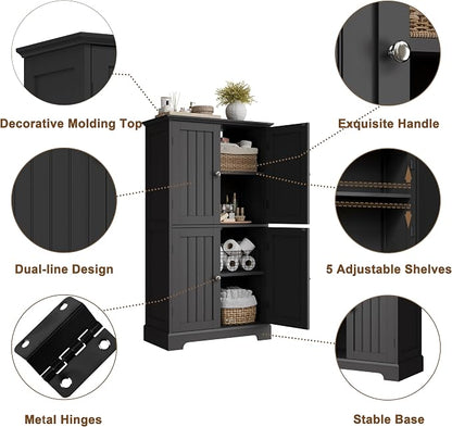 ChooChoo Bathroom Floor Cabinet with Adjustable Shelves | Bathroom Storage Cabinet, 4 Doors, Freestanding Cupboard for Living Room, Kitchen Pantry, Black