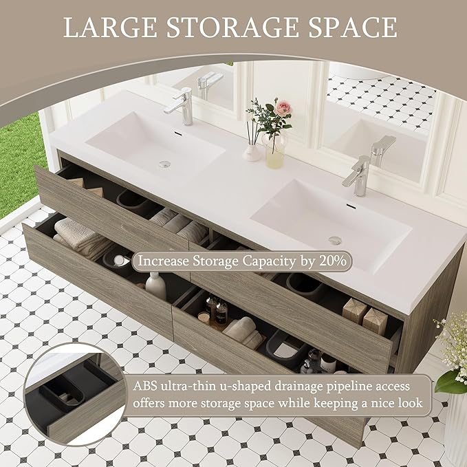 Floating Bathroom Vanity with Double Sinks, 72" Wall-Mounted Bathroom Storage Vanity Cabinet with Resin Top Basin and Soft Close Drawers, No Assembly Required, Ash Grey