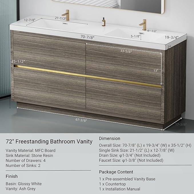 72 Inch Bathroom Vanity with Sink, Double Sink Bathroom Vanity, Freestanding Vanity Bathroom Soft Closed 4 Drawers, Integrated Sink (Ash Grey)