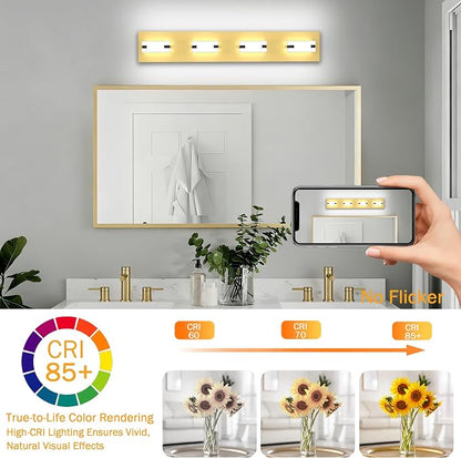 LED Gold Bathroom Light Fixtures, 4-Light 27W 5CCT Modern Vanity Lights | NOVELUX LED Gold Bathroom Light Fixtures, 4-Light Modern Vanity Lights , ETL Listed, 27W 5CCT Adjustable