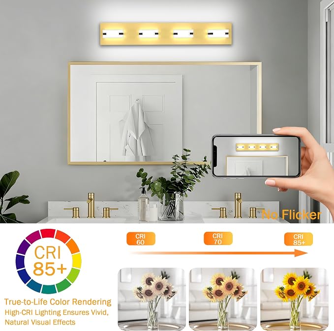LED Gold Bathroom Light Fixtures, 4-Light 27W 5700K Modern Vanity Lights | NOVELUX LED Gold Bathroom Light Fixtures, 4-Light 5700K Modern Vanity Lights , ETL Listed, 27W