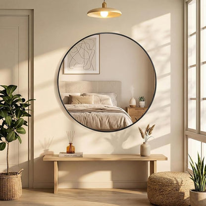 20 Inch Black Round Bathroom Wall Mirror, Round Mirrors for Wall Decor, Circle Mirror for with HD Shatter-Proof Glass for Entryway, Living Room, Bedroom, Dressing Room, Home Decor