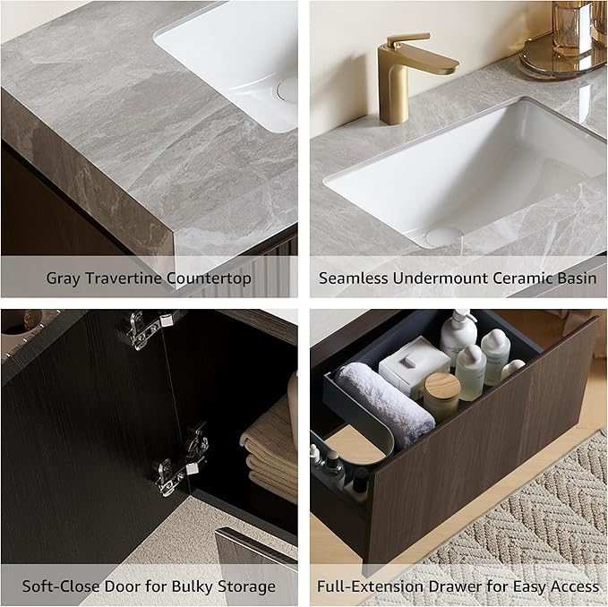 30” Floating Bathroom Vanity with Sink, Wall-Mounted Cabinet with Drawer & Doors, Gray Travertine-Pattern Sintered Stone Top, Undermount Basin, Single Faucet Hole, Soft-Close, Pre-Assembled, Dark Oak