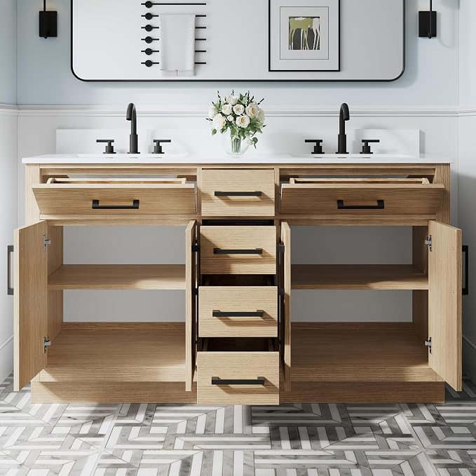 60-Inch Bathroom Vanity with Double Sinks W/ 4 Doors & 4 Drawers & 2 Flip Drawers, Oak Vanity W/Matte Black Handles
