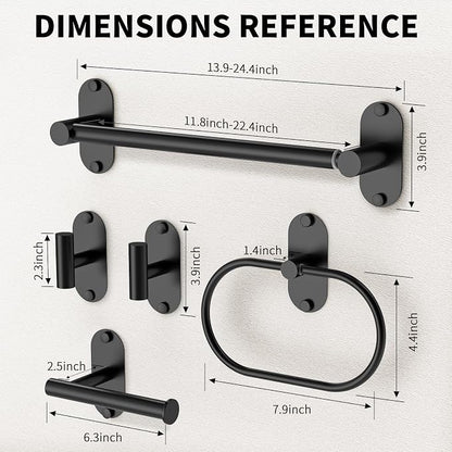 5-Piece Bathroom Hardware Set, Adhesive or Drill Wall Mount, Black | Adjustable Towel Bar, Toilet Paper Holder, Towel Ring, 2 Towel Hook, 304 Stainless Steel Bathroom Accessories Set