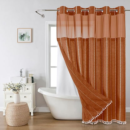 eachope Long No Hook Shower Curtain with Snap-in Fabric Liner,71x80,Orange | 330GSM Thick Linen Textured Striped,Boho Farmhouse Rustic Luxury Bathroom Curtain with Tassels,Mesh Window,Water-Repellent