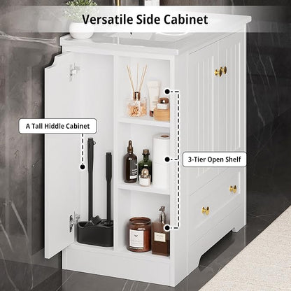 IRONCK Bathroom Vanity with Ceramic Sink, 30" Bathroom Cabinet, White | Features a Ceramic Sink, 3 Doors, 1 Drawer and Flexible Side Storage for Organized Bathroom Storage