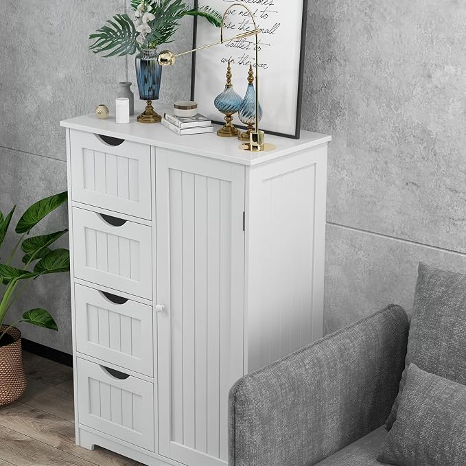 Giantex Bathroom Storage Cabinet with Drawers - 4 Drawer Storage Organizer w/Cupboard, Adjustable Shelf, Anti-Toppling Device, Entryway Storage Unit Console Table, Bathroom Floor Cabinet (White)