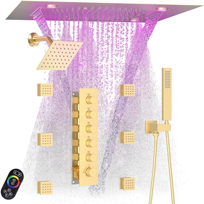 Enga Luxury Dual Shower Head System with Body Jets LED Thermostatic Shower System with 6 inch Wall Shower, 20-Inch 3 Function Shower Head (Rainfall & Mist & Waterfall), Brushed Gold