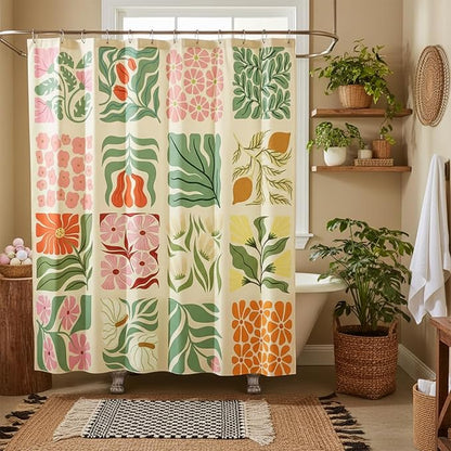 JAWO Retro Shower Curtain Vintage Abstract Boho Floral Shower Curtains for Bathroom Decor Pink Yellow Botanical Geometric Groovy Aesthetic Pattern Shower Curtain Sets with Hooks,70X70IN