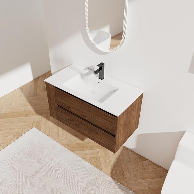 Henf 36inch Wall Mounted Bathroom Vanity with Ceramic Sink, Modern Floating Wood Bathroom Vanity Cabinet with 2 Soft Close Drawers & Open Storage Shelf, Bathroom Sink Vanity with Sink Combo Set,Brown