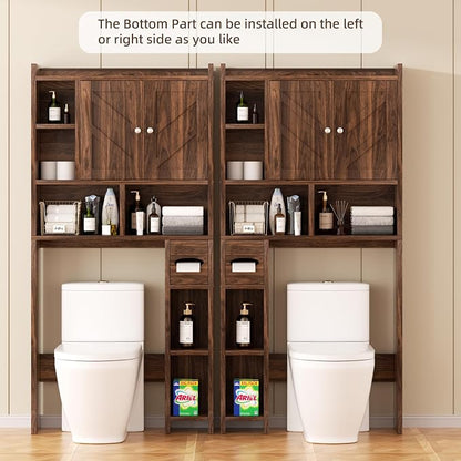 Shintenchi Over the Toilet Storage Cabinet, Bathroom Storage Cabient with Barn Doors, Bathroom Storage Shelf Organizer with Toilet Paper Holder, Adjustable Shelf and Anti-Tip Device, Walnut