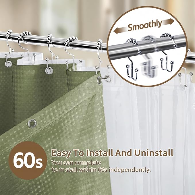 Siiluminisoy Shower Curtain and Liner Set, Waffle Shower Curtain Set with 12 Stainless Steel Hooks, Waterproof Luxury Fabric Shower Curtains for Bathroom and Hotel, Sage Green, 72" W x 72" H