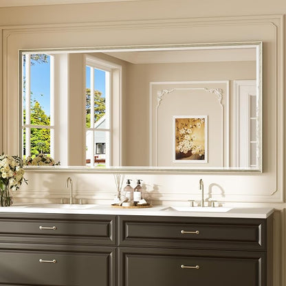 Keonjinn 72" x 36" Brushed Nickel Bathroom Mirrors for Over Sink, Aluminum | Beveled Edge Tempered Glass, Decorative Metal Framed, Rustproof, Large Rectangular Vanity Wall-Mounted Mirror for Dining Room