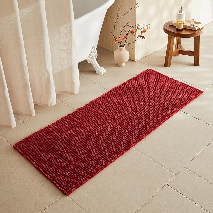 TYUU Waffle Runner Rug Bathroom, Long Boho Bath Mat, 60x24 Burgundy | Super Absorbent Quick Dry Bath Rug, Non-Slip Backing, Soft Waffle Washable Farmhouse Bathroom Mats, Tub, Shower & Home Decor