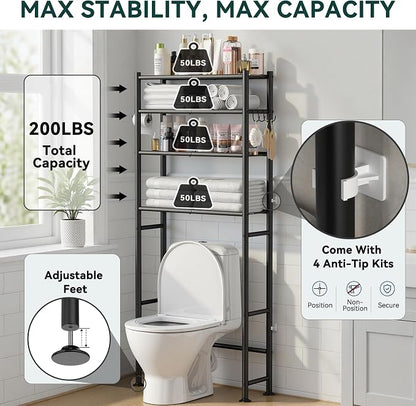GloTika 4-Tier Over The Toilet Storage Shelves, Black | 200lb Total Capacity, Metal Bathroom Organizer with 36" Clearance, Includes Paper Holder & 4 Hooks, Suit for Small Space