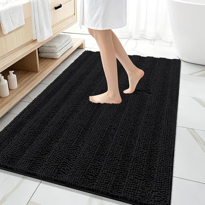 OLANLY Thick Large Bathroom Rugs 59x35, Soft Chenille Bath Rugs, Black | Absorbent Striped, Rubber Backing, Machine Wash Dry, Bath Mats for Bathroom Floor, Tub and Shower, Home Decor Accessories