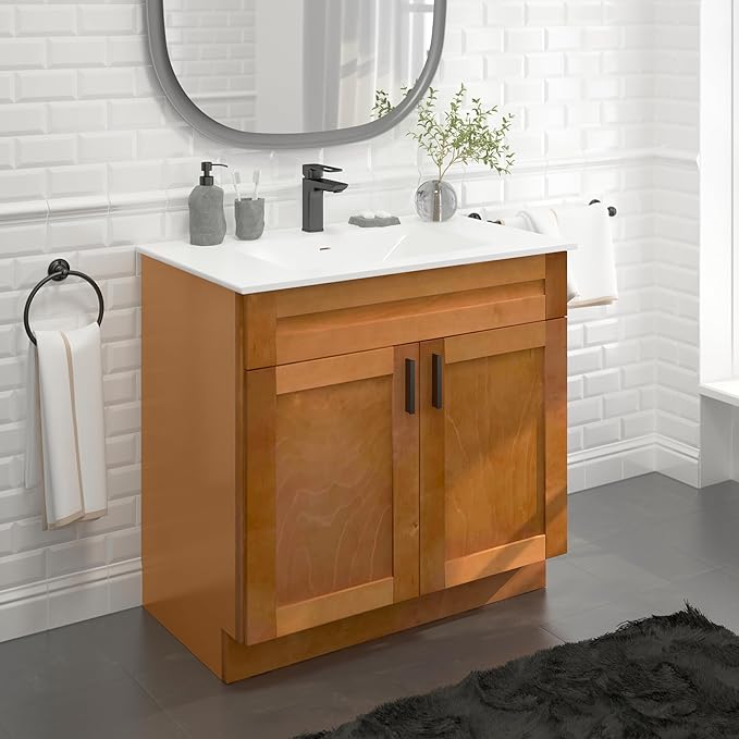 36" Maple Shaker Bathroom Vanity Base, Soft-Close Double-Door Ready-to-Assemble Sink Cabinet, 36" W x 21" D x 34.5" H, Base Only, No Top