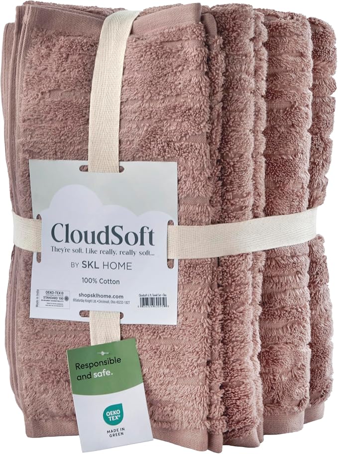 SKL Home CloudSoft Bath Towel Set, 6-Piece, 100% Cotton Luxury, Clay | 2 Bath towels, 2 hand towels, 2 washcloths. Premium spa-level quality. 600/520 GSM weight. Ultra plush & absorbent.