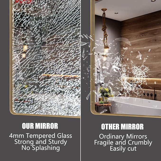 40x36 Inch Brushed Gold Framed Mirror for Bathroom | Gold Brass Bathroom Mirror, Rectangle Gold Vanity Mirror for Wall, Shatterproof, Anti-Rust, Hangs Horizontally or Vertically