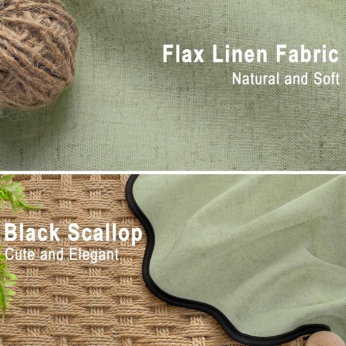 Scalloped Shower Curtain Linen Boho Flax Green 72" W x 84" L | Linen Fabric, Black Border, Washable, Heavy Duty Cloth, Shower Curtain for Boho Farmhouse Bathroom Bathtub