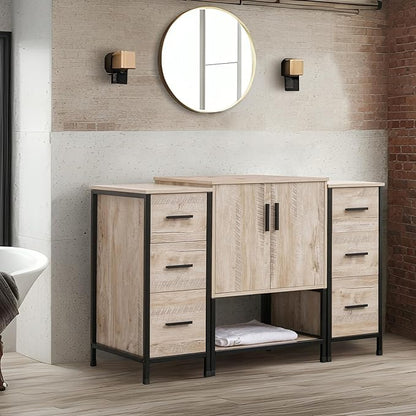 UEV 48" Rustic Oak Bathroom Vanity with Sink Combo, Industrial Iron Frame Bathroom Cabinet Sets with Double 3 Drawers Side Cabinet