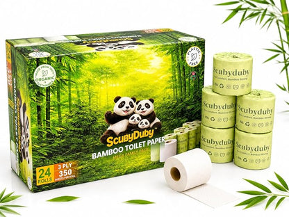 Premium & Soft Bamboo Toilet Paper | PFAS Free | 24 Mega Rolls, 3 ply & 350 Sheets | Non Toxic, Septic Safe, BPA Free | Tree Free Toilet Tissue | Plastic Free Packaging