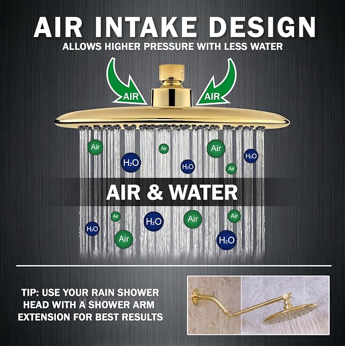 Waterfall Showerhead - 2.5 GPM - Polished Brass | 9 Inch Large Overhead Rain Shower Head With Self-Clean Nozzles, Adjustable Brass Ball Joint, High Flow Best With Extender Arm