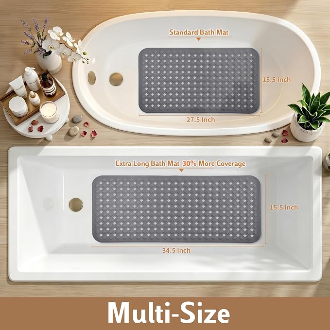 Yimobra Bathtub Mat Non Slip, Super Strong Suction Cups, 28"X16" Long Shower Mat with Drain Holes, Machine Washable Fast Draining Bath Mats, Bathroom Essentials,Gray