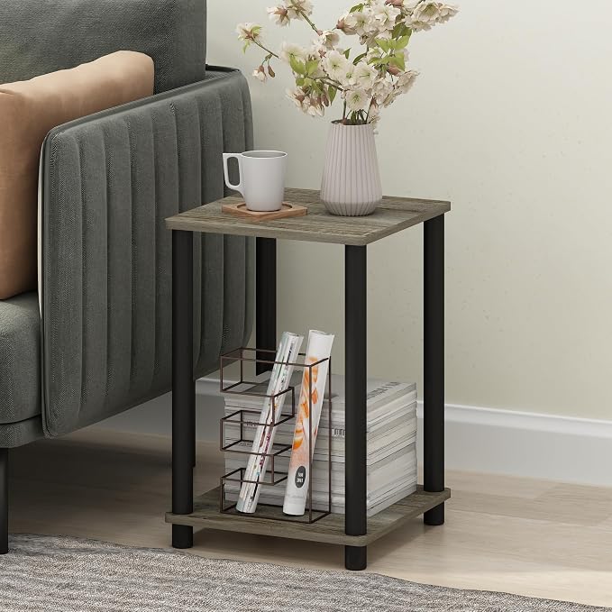 Furinno Modern Grey Side Table, 2-Tier Square Top End Table with Open Shelf, Toolless Night Stand, Bedside Table, for Living Room, Bedroom, Grey Oak