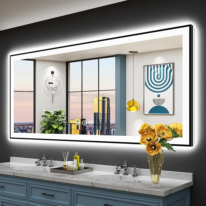 72x32 Black Framed LED Bathroom Mirror with Lights, Backlit and Front Lit Anti-Fog Lighted Vanity Mirrors for Bathroom Wall, Dimmable, 3 Colors, Memory, HD Tempered Glass, Horizontal/Vertical
