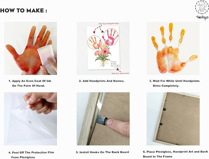 TwoDays Flower Bouquet Handprint Art Craft DIY Kit, Unique Gifts for Mom From Daughter or Son for Mother's Day Birthday Christmas, Gift for Grandma.(12" X 16", With Wood Frame)