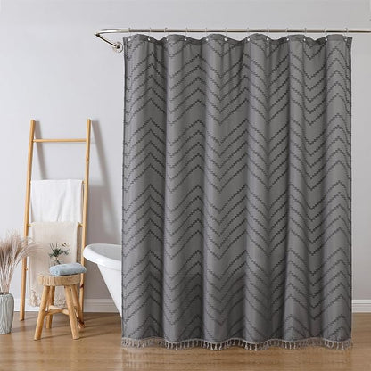 Boho Shower Curtain, Grey Fabric Cloth Shower Curtains Farmhouse Tufted Chevron Striped Textured with Tassel for Bathroom, Soft Hotel Style Modern Minimalist, Machine Washable, 72x72, Grey
