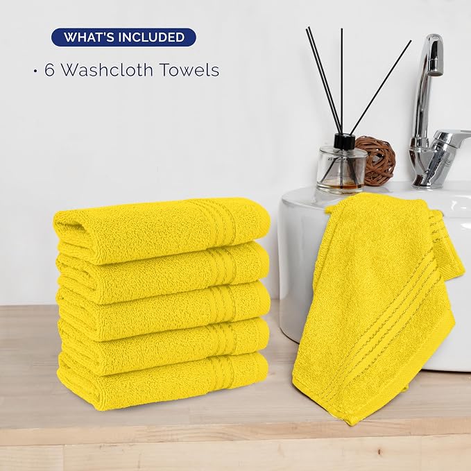 Elegant Comfort Premium Turkish Cotton 6 Pack Washcloths Set - 13 x 13 inch, Luxurious Hotel Spa Quality 100% Turkish Cotton 6PC Washcloth Set - Highly Absorbent - Soft Bathroom Towels, Yellow