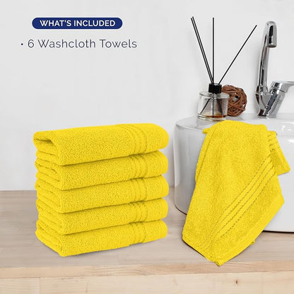 Elegant Comfort Premium Turkish Cotton 6 Pack Washcloths Set - 13 x 13 inch, Luxurious Hotel Spa Quality 100% Turkish Cotton 6PC Washcloth Set - Highly Absorbent - Soft Bathroom Towels, Yellow