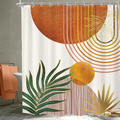 Mid Century Orange Boho Abstract Retro Gold Bathroom Shower Curtain Set | 72Wx84H Arch Geometric design, waterproof HD print with fast-drying fabric and 12 hooks.